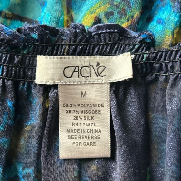 Caché Blue Abstract Silk Blend Sheer Peasant Blouse Boho Top Size Medium - Picture 5 of 5
